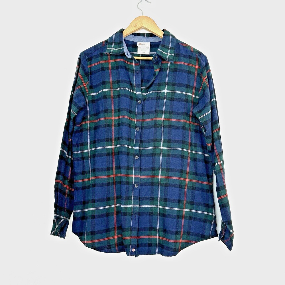 Dickies Flannel Shirt Women L Plaid Lightweight Blue Button Up Outdoor Grunge